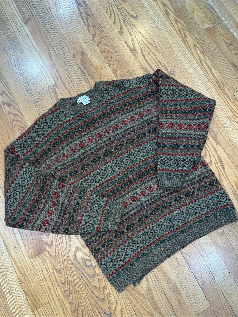 Vtg 80s 90s Large LL Bean Fair Isle Wool Scotland Brown Striped Knit Sweater